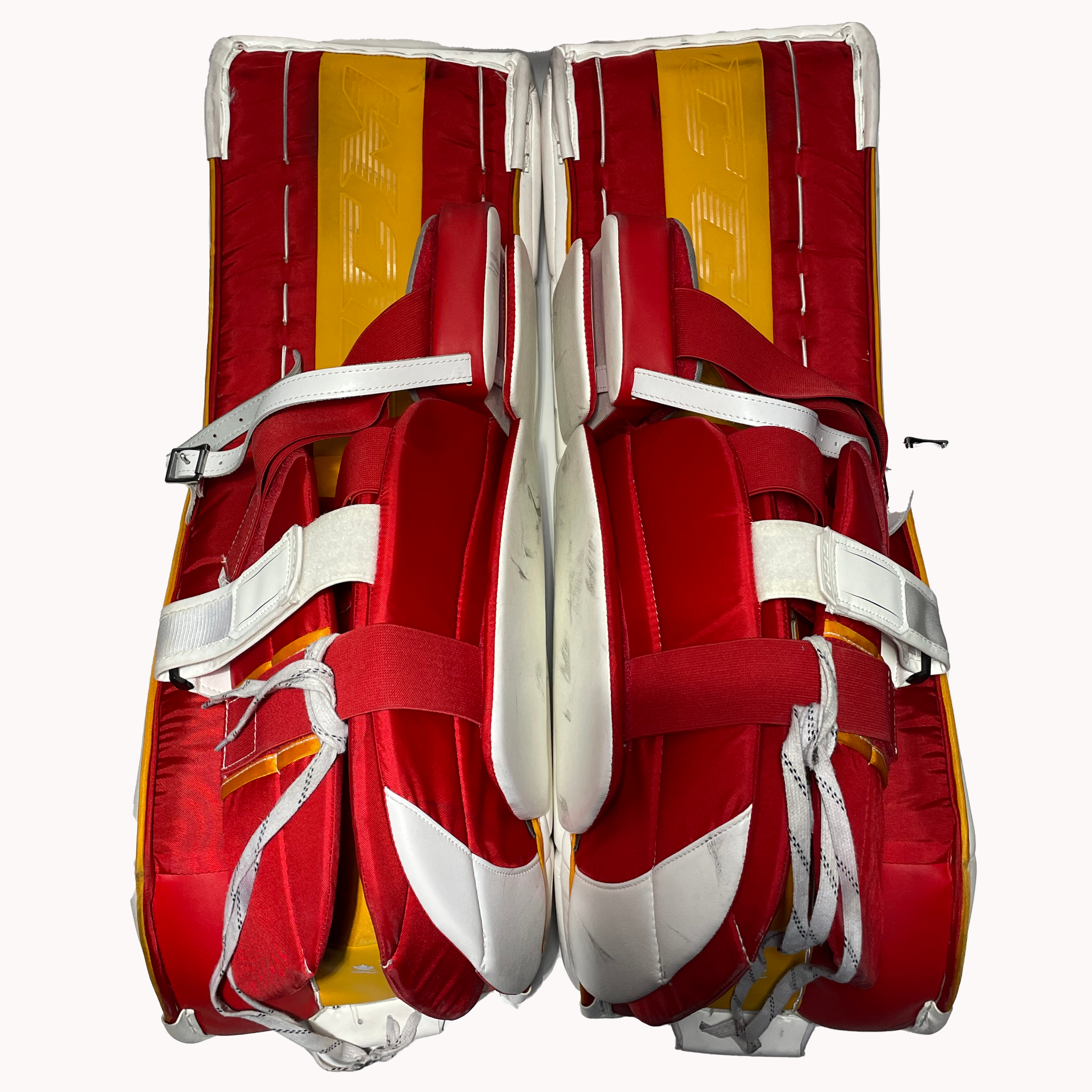 CCM Extreme Flex 6 - Jambières de gardien de but Pro Stock d'occasion (blanc/jaune/rouge)
